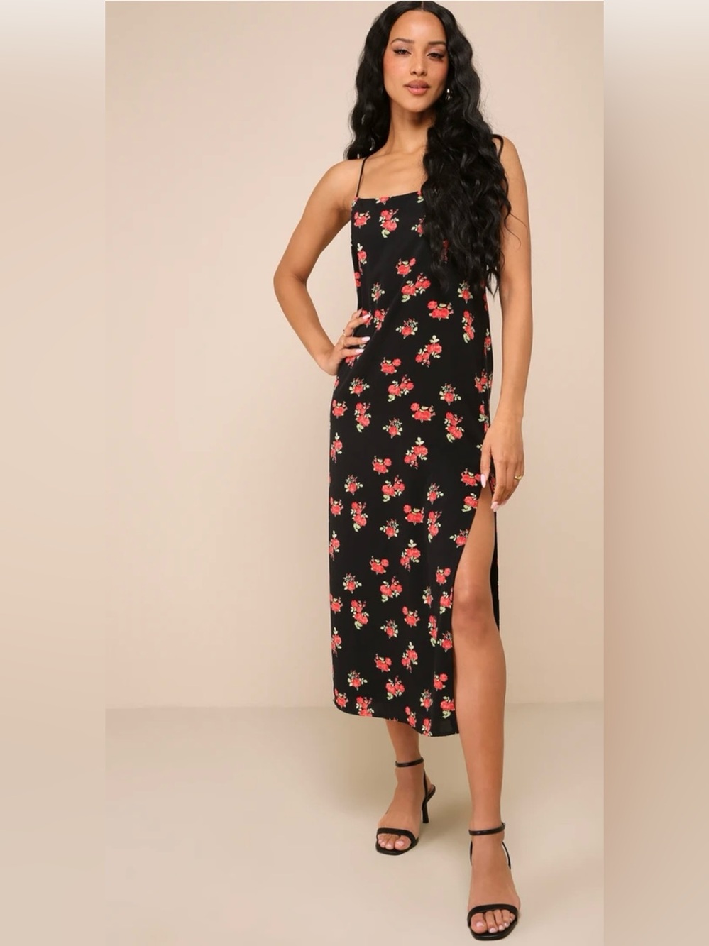 Lulus Flawless Perception Black Floral Print Sleeveless Midi Dress Size Small 90